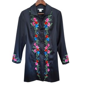 EUC Nygard Satiny Black Floral Embroidered Blazer/Duster Midi